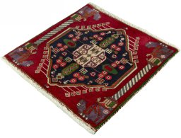 Corner detail of 2000s Shiraz rug showing border pattern and Wool pile