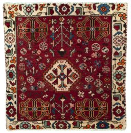 Full view of 2000s Shiraz rug from Iran / Persia, 56 × 55 cm in Red tones