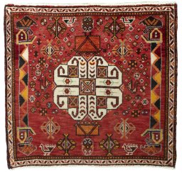 Full view of 2000s Shiraz rug from Iran / Persia, 63 × 67 cm in Red tones
