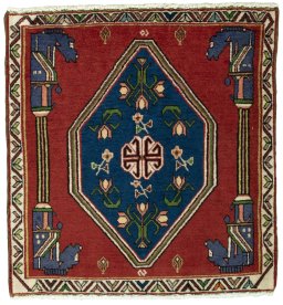 Full view of 2000s Shiraz rug from Iran / Persia, 67 × 62 cm in Red tones