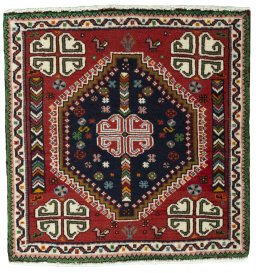 Full view of 2000s Shiraz rug from Iran / Persia, 66 × 65 cm in Red tones