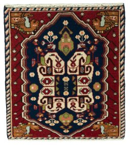 Full view of 2000s Shiraz rug from Iran / Persia, 56 × 51 cm in Red tones