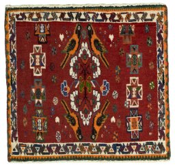 Full view of 2000s Shiraz rug from Iran / Persia, 58 × 60 cm in Red tones