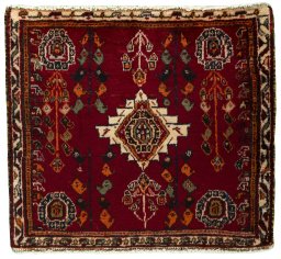 Full view of 2000s Shiraz rug from Iran / Persia, 55 × 62 cm in Red tones