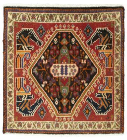 Full view of 2000s Shiraz rug from Iran / Persia, 61 × 60 cm in Red tones