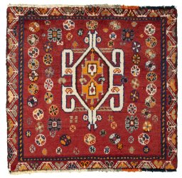 Full view of 2000s Shiraz rug from Iran / Persia, 51 × 55 cm in Red tones