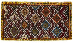 Full view of 2000s Shiraz rug from Iran / Persia, 38 × 70 cm in Red tones