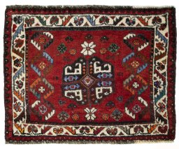 Full view of 2000s Shiraz rug from Iran / Persia, 55 × 71 cm in Red tones