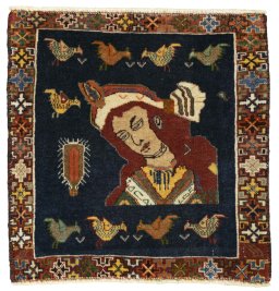 Full view of 2000s Shiraz rug from Iran / Persia, 54 × 53 cm in Red tones