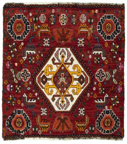 Full view of 2000s Shiraz rug from Iran / Persia, 60 × 54 cm in Red tones