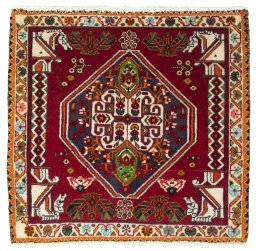 Full view of 2000s Shiraz rug from Iran / Persia, 57 × 60 cm in Red tones