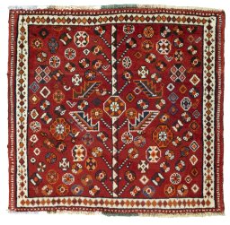 Full view of 2000s Shiraz rug from Iran / Persia, 56 × 60 cm in Red tones