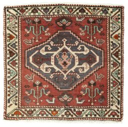 Full view of 2000s Shiraz rug from Iran / Persia, 55 × 58 cm in Red tones