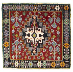 Full view of 2000s Shiraz rug from Iran / Persia, 61 × 64 cm in Red tones