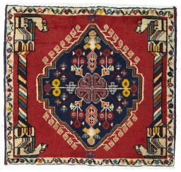 Full view of 2000s Shiraz rug from Iran / Persia, 63 × 69 cm in Red tones