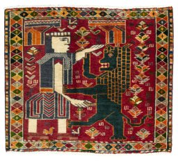 Full view of 2000s Shiraz rug from Iran / Persia, 52 × 61 cm in Red tones