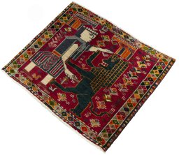 Corner detail of 2000s Shiraz rug showing border pattern and Wool pile