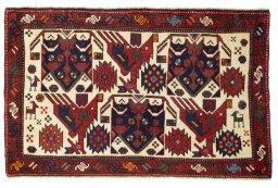 Full view of 2000s Shiraz rug from Iran / Persia, 53 × 84 cm in Multi Color tones