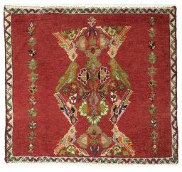 Full view of 2000s Shiraz rug from Iran / Persia, 56 × 61 cm in Red tones