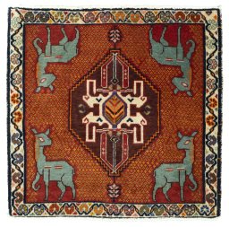 Full view of 2000s Shiraz rug from Iran / Persia, 59 × 61 cm in Red tones