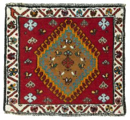 Full view of 2000s Shiraz rug from Iran / Persia, 54 × 62 cm in Red tones