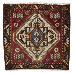 Full view of 2000s Shiraz rug from Iran / Persia, 57 × 60 cm in Red tones