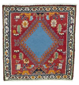 Full view of 2000s Shiraz rug from Iran / Persia, 62 × 61 cm in Red tones