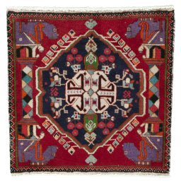 Full view of 2000s Shiraz rug from Iran / Persia, 53 × 54 cm in Red tones