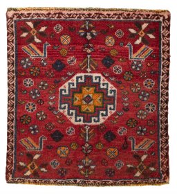 Full view of 2000s Shiraz rug from Iran / Persia, 59 × 55 cm in Red tones