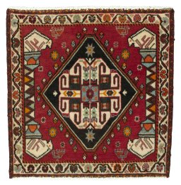 Full view of 2000s Shiraz rug from Iran / Persia, 60 × 59 cm in Red tones