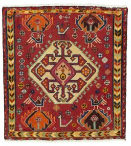 Full view of 2000s Shiraz rug from Iran / Persia, 62 × 57 cm in Red tones