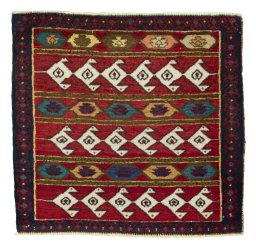 Full view of 2000s Shiraz rug from Iran / Persia, 60 × 63 cm in Red tones