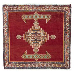 Full view of 2000s Shiraz rug from Iran / Persia, 57 × 58 cm in Red tones
