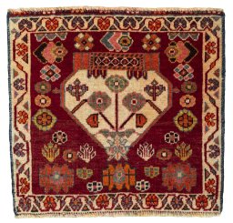 Full view of 2000s Shiraz rug from Iran / Persia, 51 × 55 cm in Red tones