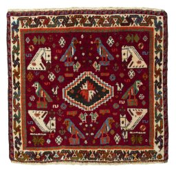 Full view of 2000s Shiraz rug from Iran / Persia, 58 × 62 cm in Red tones