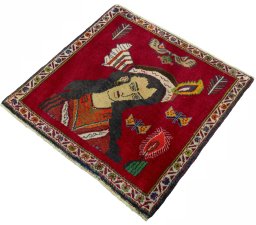 Corner detail of 2000s Shiraz rug showing border pattern and Wool pile