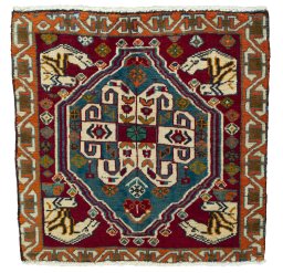 Full view of 2000s Shiraz rug from Iran / Persia, 64 × 65 cm in Red tones