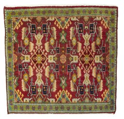 Full view of 2000s Shiraz rug from Iran / Persia, 62 × 65 cm in Red tones