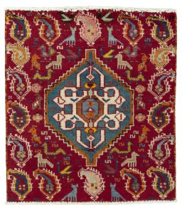 Full view of 2000s Shiraz rug from Iran / Persia, 58 × 51 cm in Red tones