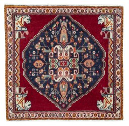 Full view of 2000s Shiraz rug from Iran / Persia, 64 × 66 cm in Red tones