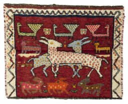 Full view of 2000s Shiraz rug from Iran / Persia, 44 × 55 cm in Red tones