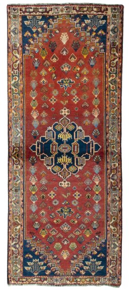 Full view of 2000s Shiraz rug from Iran / Persia, 195 × 78 cm in Red tones