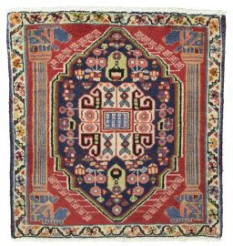 Full view of 2000s Shiraz rug from Iran / Persia, 64 × 59 cm in Red tones