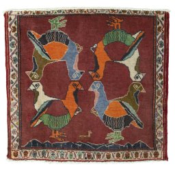 Full view of 2000s Shiraz rug from Iran / Persia, 59 × 63 cm in Red tones