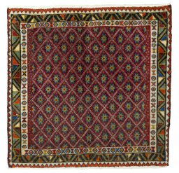 Full view of 2000s Shiraz rug from Iran / Persia, 62 × 63 cm in Red tones