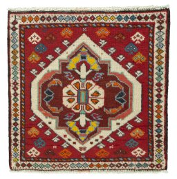 Full view of 2000s Shiraz rug from Iran / Persia, 61 × 62 cm in Red tones