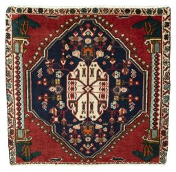 Full view of 2000s Shiraz rug from Iran / Persia, 63 × 67 cm in Red tones