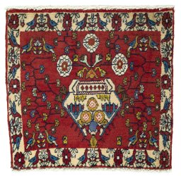 Full view of 2000s Shiraz rug from Iran / Persia, 59 × 61 cm in Red tones