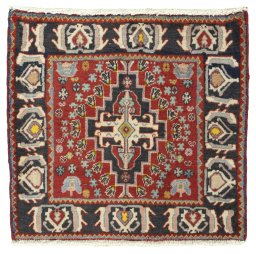 Full view of 2000s Shiraz rug from Iran / Persia, 59 × 63 cm in Red tones