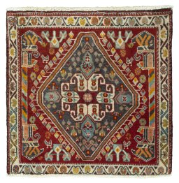 Full view of 2000s Shiraz rug from Iran / Persia, 62 × 63 cm in Red tones